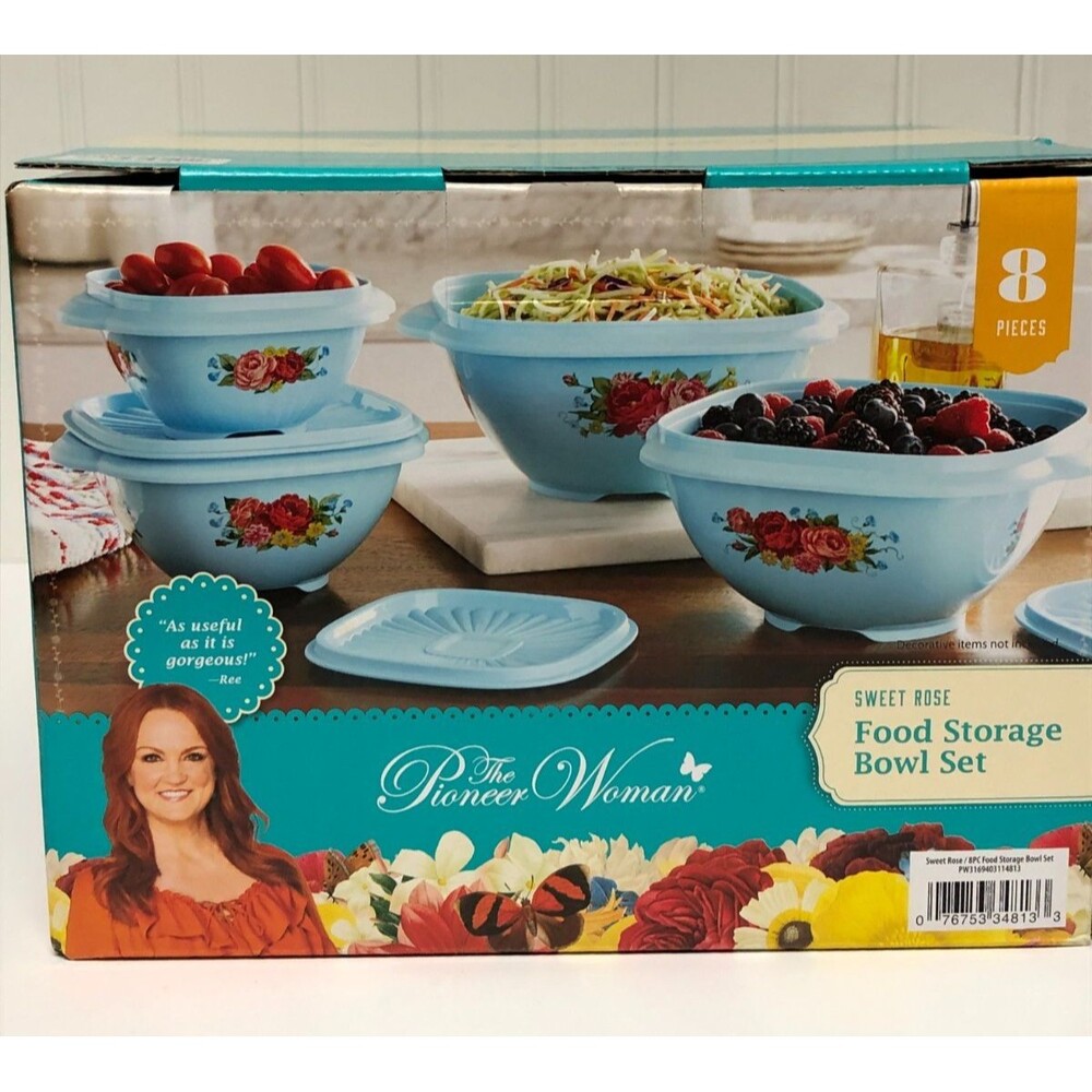 Pioneer Woman Sweet Rose Food Storage Bowl Set with Lids Floral Blue 8 pcs New
